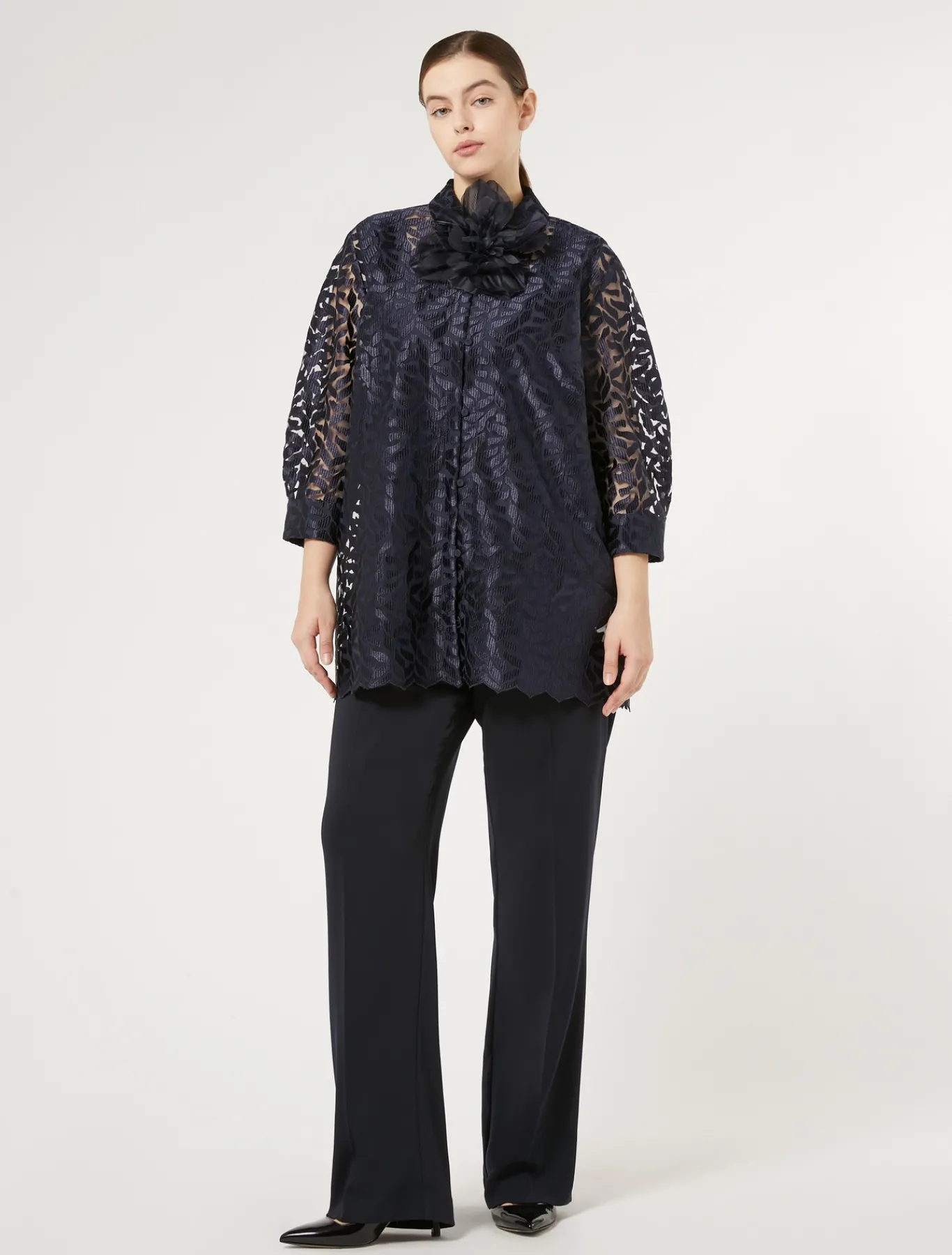 Marina Rinaldi Bluse | Camicie & Bluse*Casacca in tulle ricamato BLUMARINO